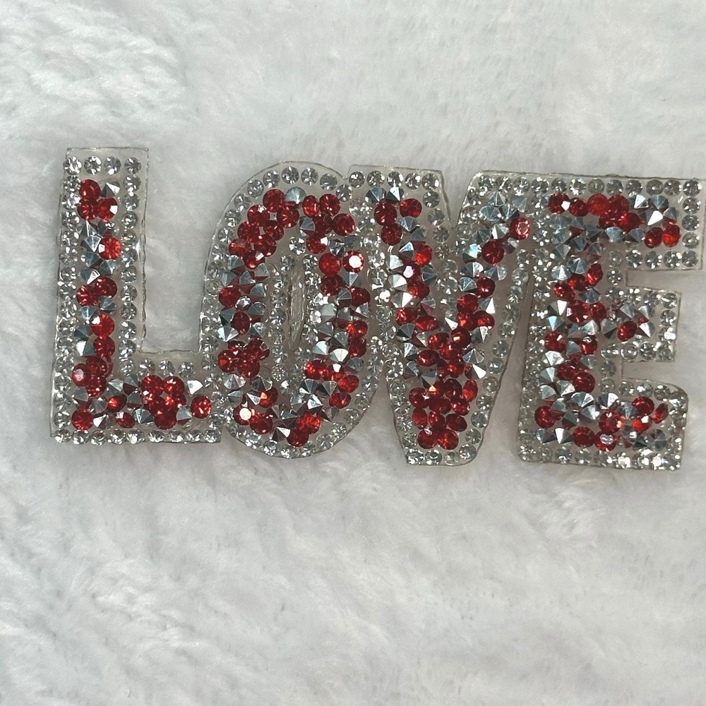 Rhinestone LOVE Iron-On Patch Red Silver Bling Applique 3.5" x 1.5"
